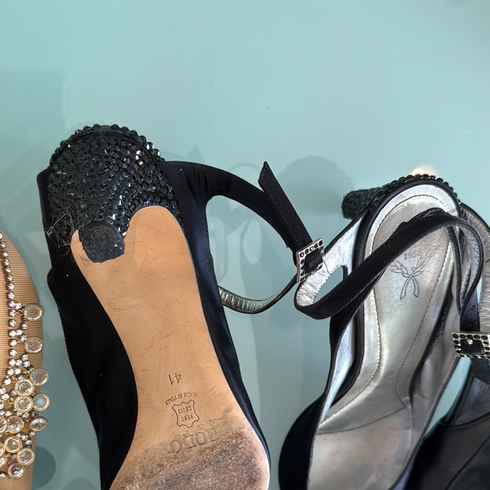 RODO Black Satin 2.5” Rhinestone Heels with feminine buckled strap (EU41) - Picture 3 of 4
